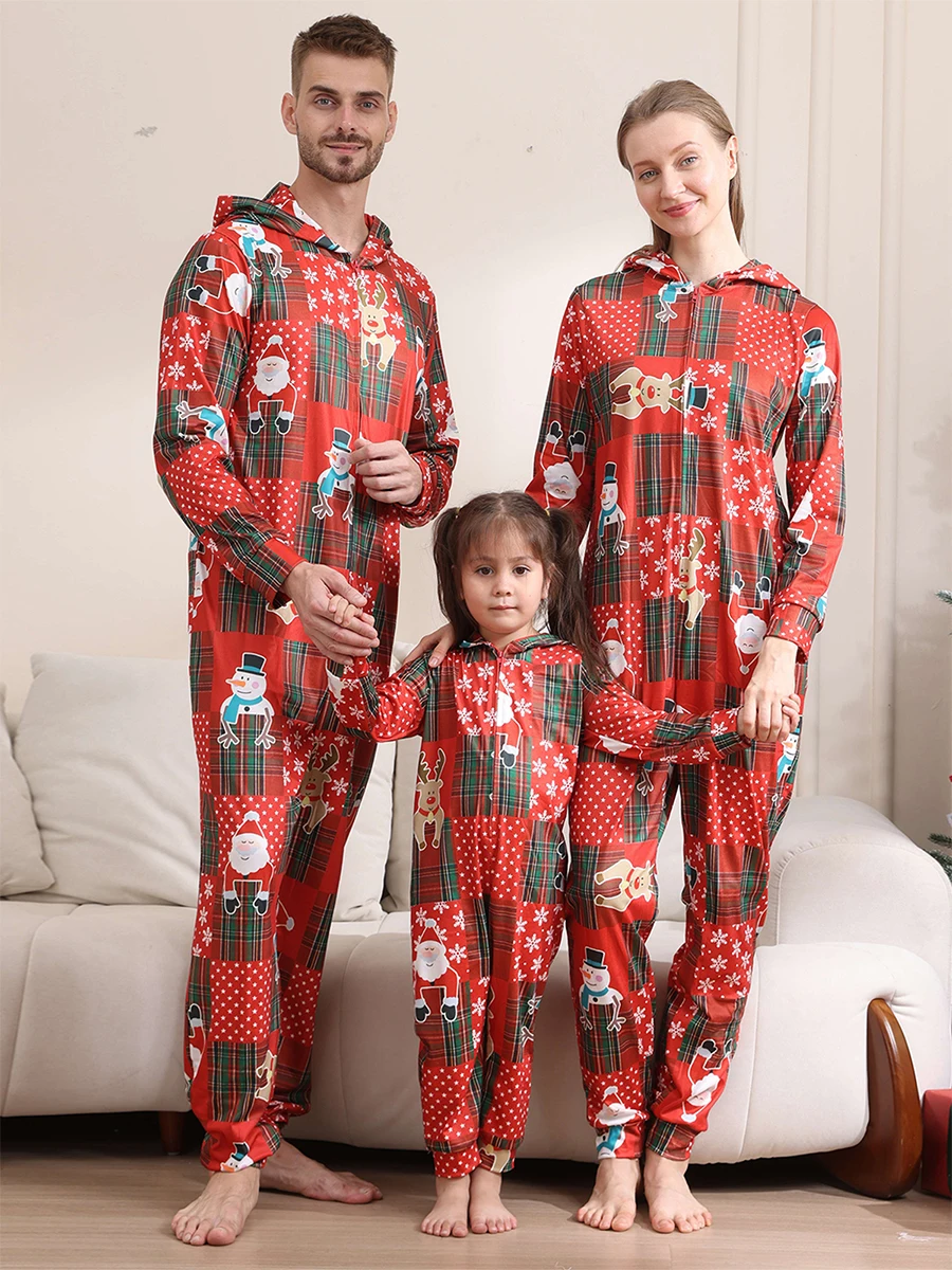 Combinando família pijamas de natal xadrez vermelho rena impressão manga longa zip up comprimento total macacão férias pijamas conjunto