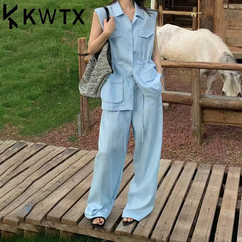 

KWTX 2025 Spring Summer Women’s Linen Two-Piece Set Sleeveless Top & Wide Leg Pants Pleated Drawstring Stylish Elegant Outfit