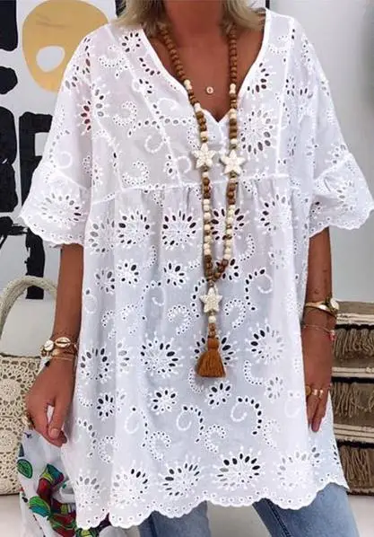 

Women's Vestidos Casual Fashion Elegant Slightly Perspective Sexy Summer 2024V Neck Hollow Embroidered Blouse Short Sleeve