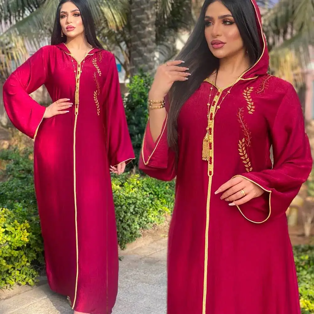 

Women's Embroidered Gold Border Hooded Robe Jalibaya Dress 2026 Muslim Long Dress Robe Abaya Ramadan Dubai Luxury Islam Elegant