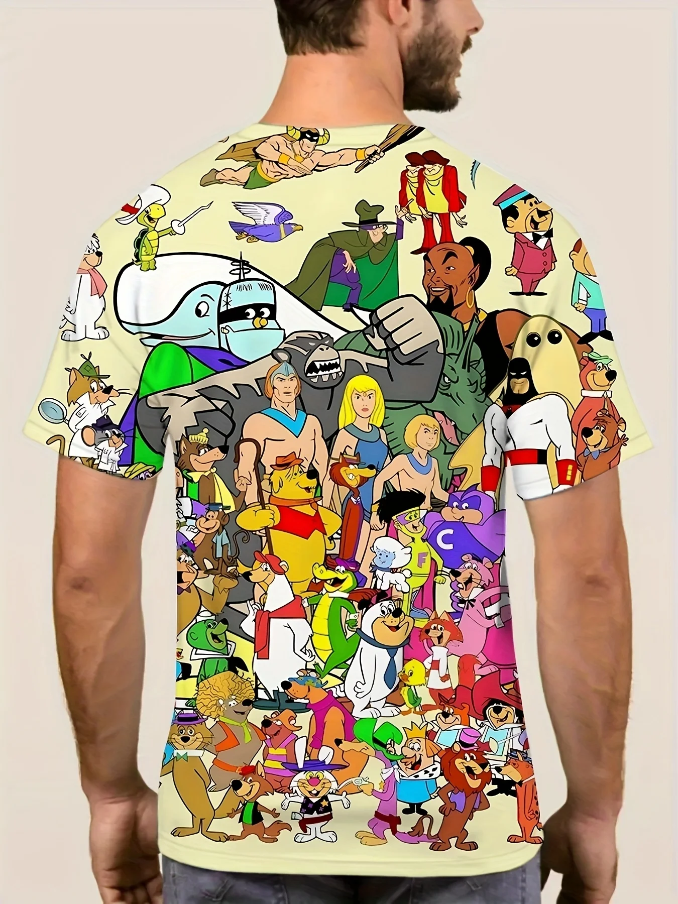 Mens 90s Classic Cartoon Mashup Graphic Tee, Multi Vintage Cartoon Characters Print Short Sleeve Casual T-Shirt