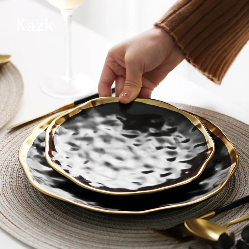 Light Luxury Golden Edge Ceramic Plate Personalized Dining Table Decor Steak Dinner Plates Sushi Dishes European Style Tableware