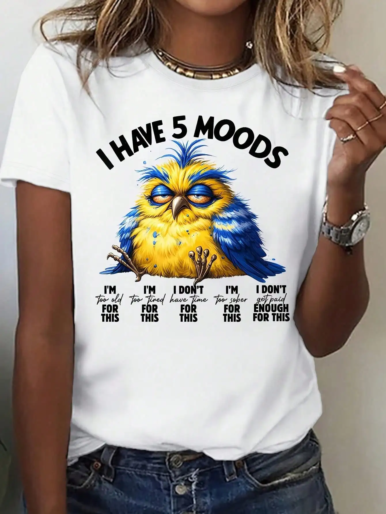 

[Casual Outings] Women's Funny Sarcastic Bird Print Crew Neck T-Shirt – "I Have 5 Moods" Humorous Design, Comfortable Fabric