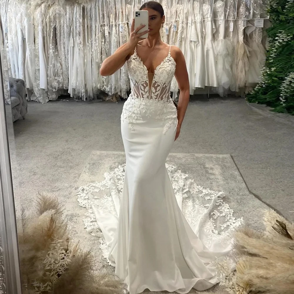 

Charming Appliques Mermaid Wedding Dresses For Woman V-neck Spaghetti Straps Trumpet Bridal Gown Vestidos De Noiva Customized