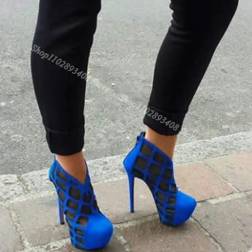 

Blue Air Mesh Lace Splicing Ankle Boots Round Toe Platform Back Zipper Fall Fashion Party Dress Women Boots Zapatos Para Mujere