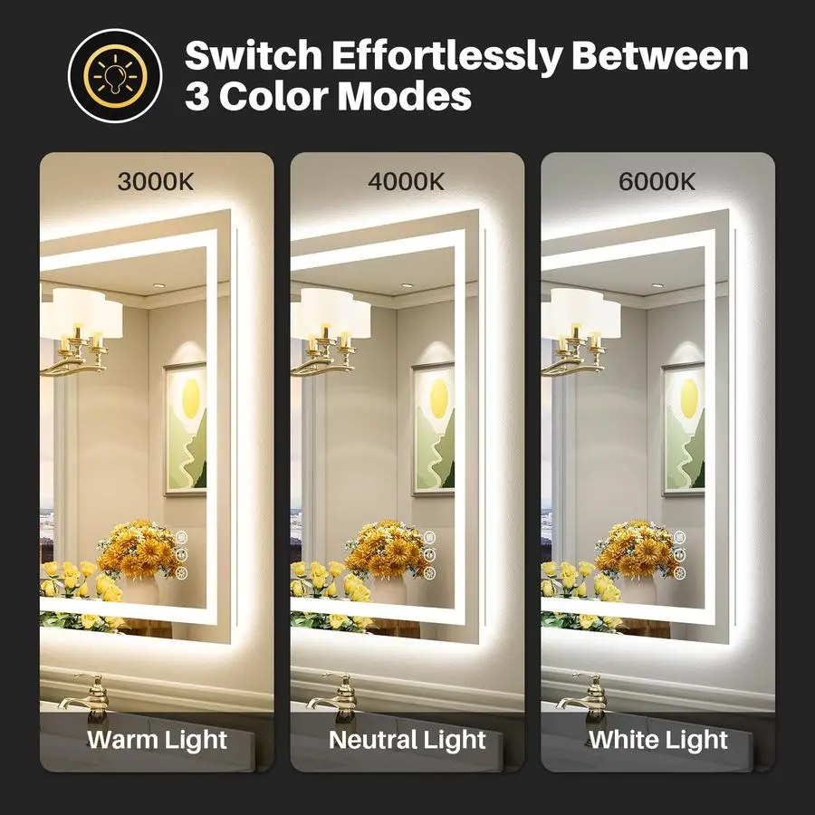 กระจกห้องน้ำ LED พร้อมไฟ, ไฟส่องด้านหลังและด้านหน้า, กระจกแต่งหน้าห้องน้ำแบบมีไฟป้องกันฝ้าสำหรับติดผนัง, ฟังก์ชั่นหน่วยความจำ, ปรับความสว่างได้