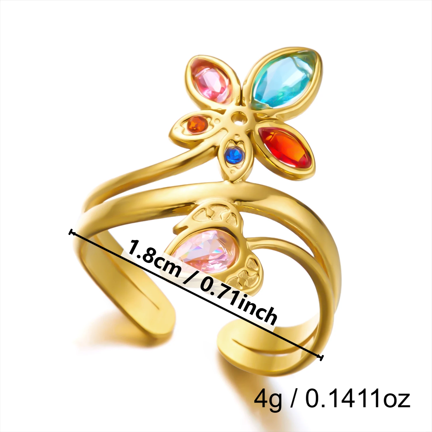 Bunte CZ-Blumen Geometrische Edelstahl-Offene Ringe für Frauen, Zierliche PVD-Vergoldete Manschettenringe Set, Wasserfester Schmuck Geschenk – Detail 8