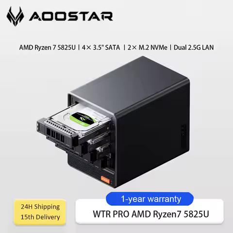 AOOSTAR WTR PRO AMD Ryzen 7 5825U Mini PC/NAS 8C/16T Dual 2.5G LAN 4 HDD Bays 4K Large Storage Triple Display Silent Cooling