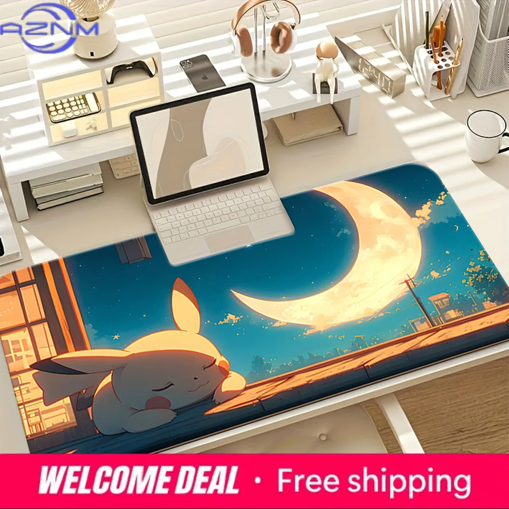 Sleepy Pikachu Moonlit Night Gaming Desk Mat Non-Slip Washable