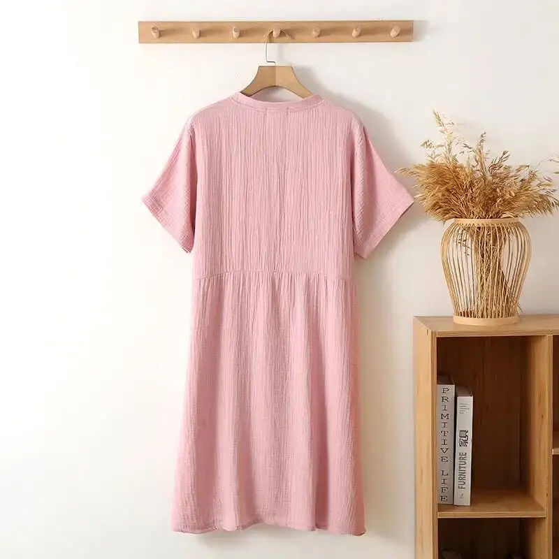

Solid Color Women's Short Sleeved Four Button Standing Collar Mid-Long Sleeping Dress Home Sleepwear Women Nightgown