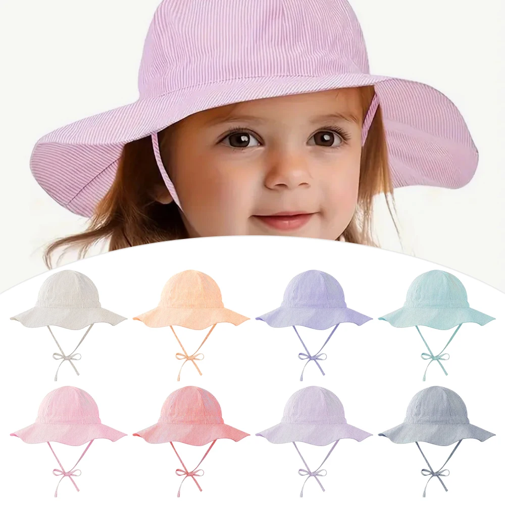 

Fashion Striped Kids Bucket Hat Cotton Sun Protection Baby Sun Hat​​ Wide Brim Breathable Beach Hat Boys & Girls