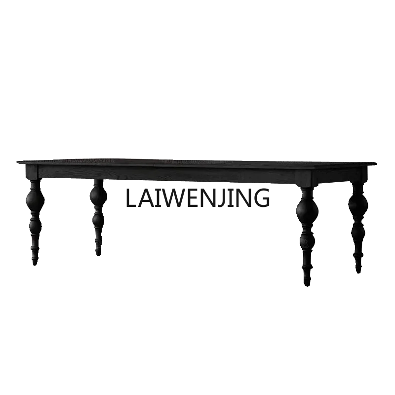 MJY French solid wood dining table black long strip large board guest American log long table