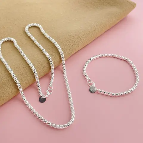925 Sterling Silver 4mm Round Box Chain Venetian Bracelet Necklace Jewelry Set Daily Wear Fashion Accessories Men Women Jewelry
