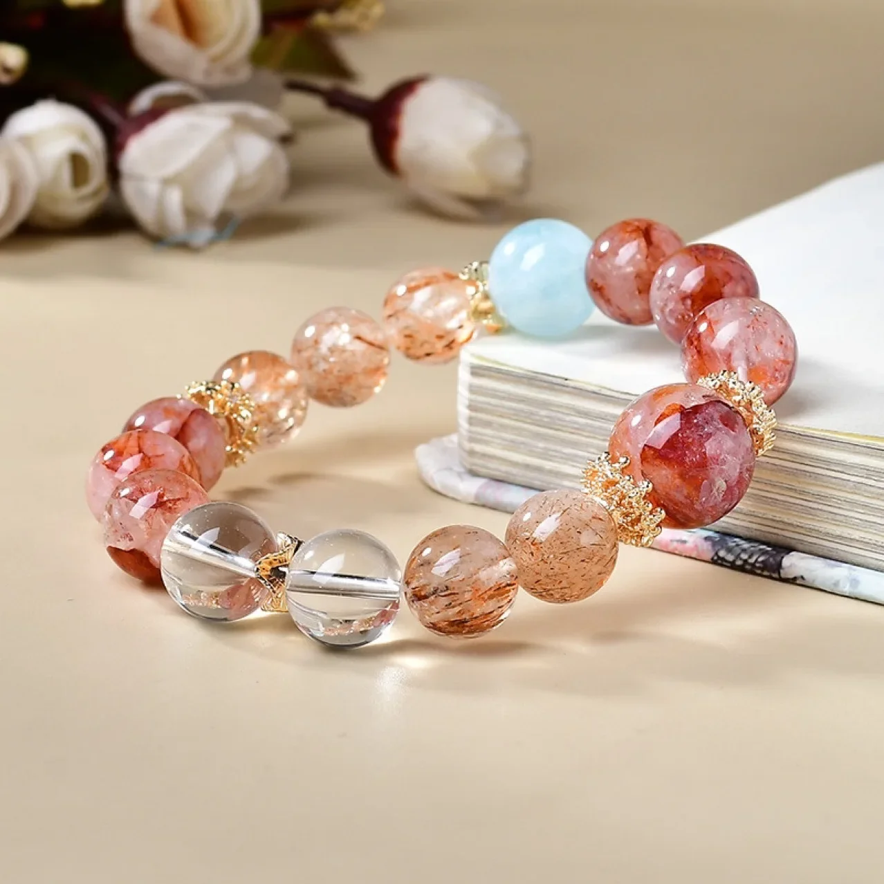 

Natural Red Glue Flower, Black Crystal Super, Aquamarine, Duobao Bracelet Hand, Women's Light Luxury Fashion Bracelet