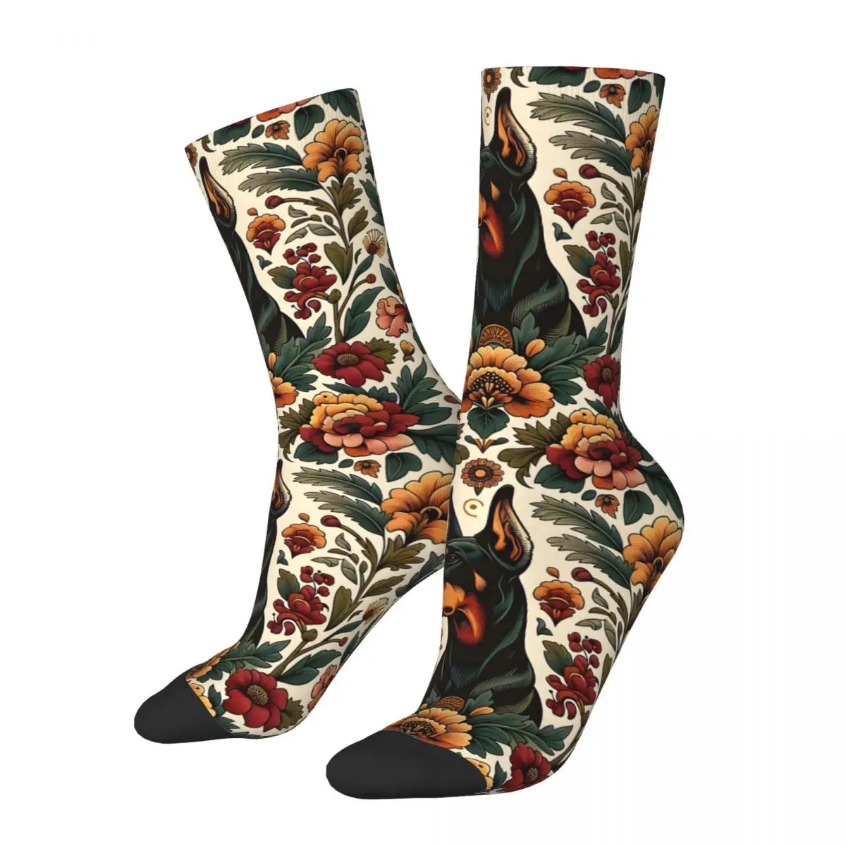 Dobermann In Floral Design Kawaii Socks Travel Cartoon Pattern Socks