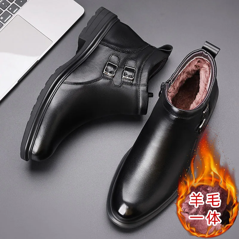 

Мужские высокие туфли из натуральной кожи, короткие сапоги в стиле ретро, зимние бархатные теплые шерстяные хлопковые туфли, деловые сапоги из воловьей кожи на толстой подошве