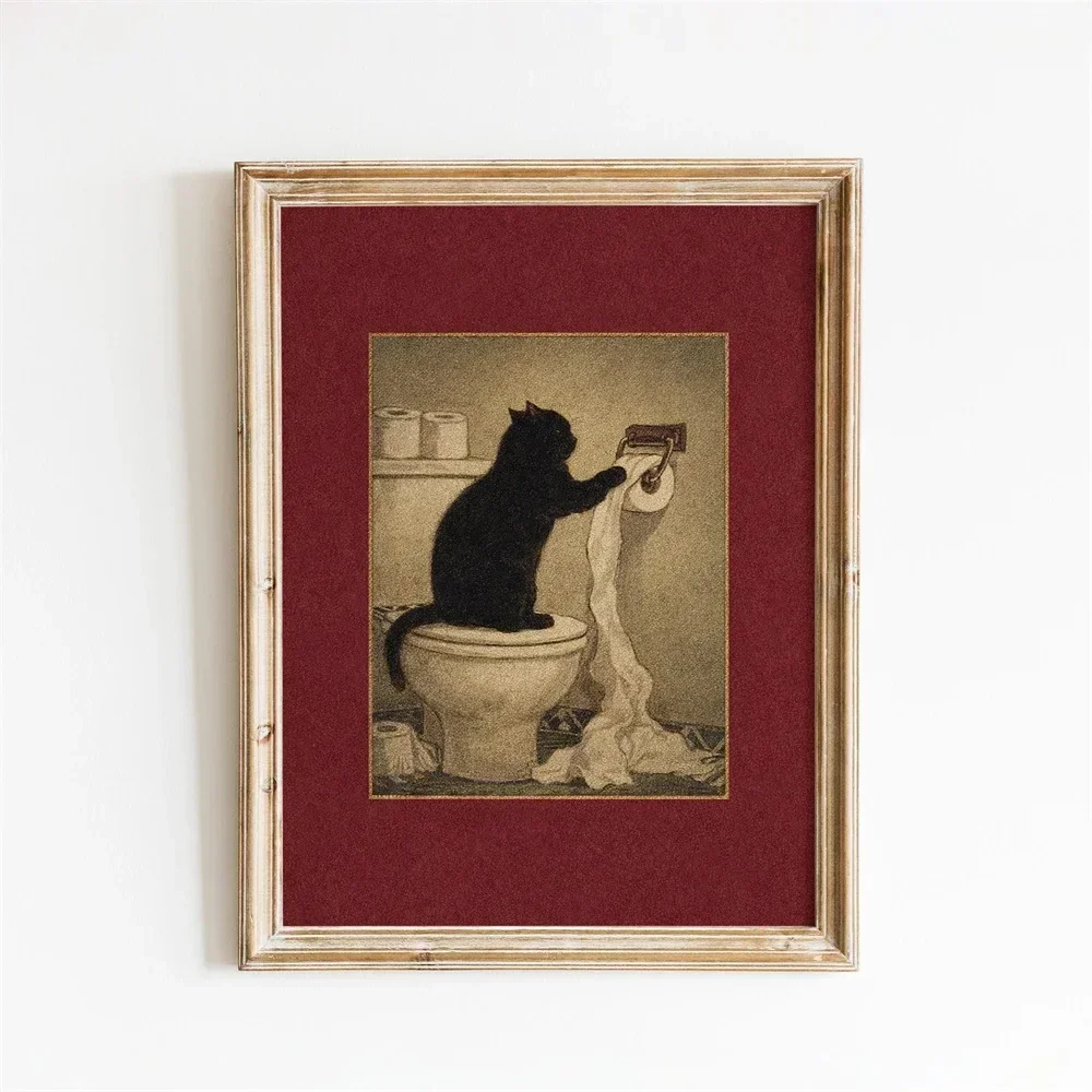 Reading Cat Bathroom Art Poster Whimsical Black Cat Poster Funny Black Cat Bathroom Print Vintage Toilet Humor Wall Decor