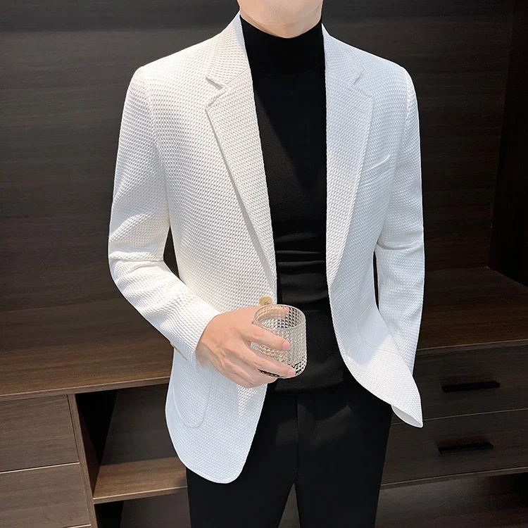 Autumn New Waffle Suit Jacket Men Two Buttons Slim Fit Business Casual Blazers Homme Formal Groom Prom Tuxedo