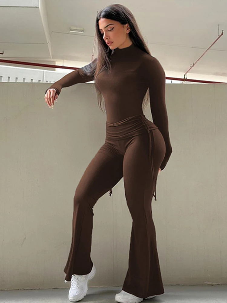 

InGrily Casual Cosy Fall Trend Women 2 Piece Set Tracksuit Tight Full Sleeve T-Shirts+Flare Pants Matching Streetwear Outfits