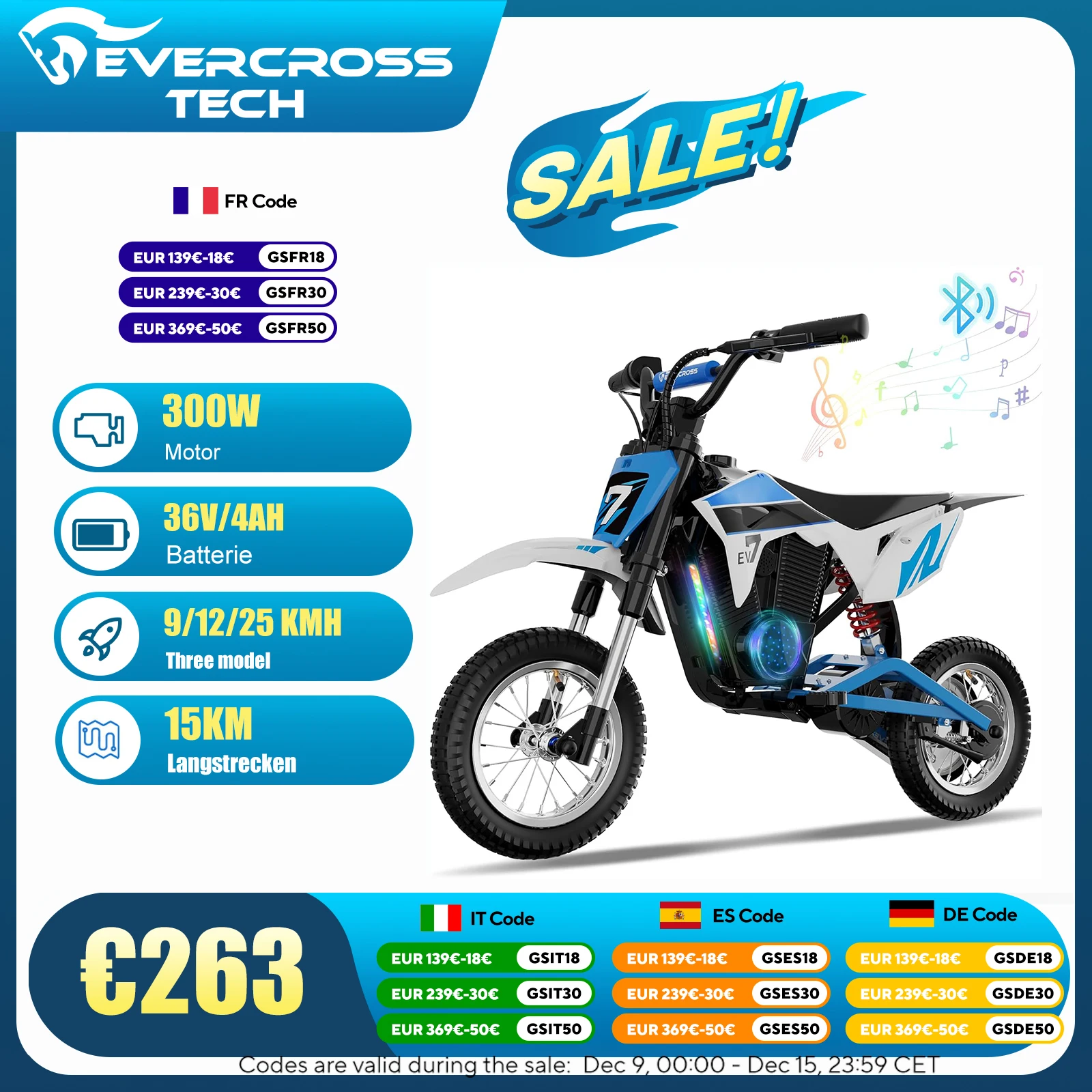 Children's electric Motorbike EVERCROSS TECH EV12M Pro - 300W, 25 km/h, 15 km battery life, Bluetooth & LED 12 ''tires