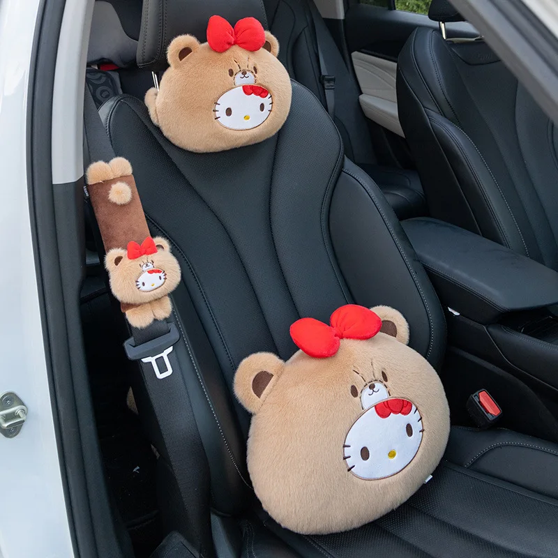 Hello Kitty Car Headrest Pillow Winter Warm Plush Doll Neck & Lumbar Support Cushion Adjustable Car Seat Pillow Seat Belt Cover