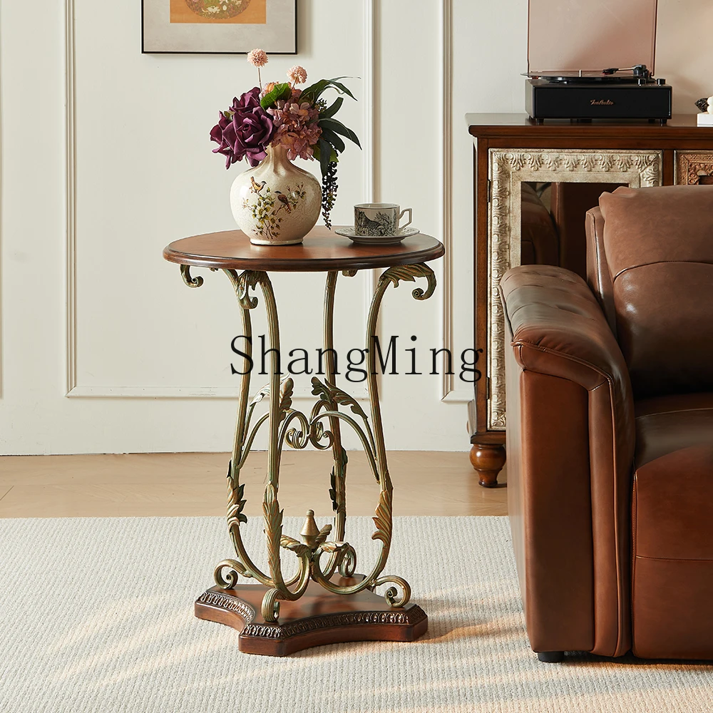 طاولة قهوة صغيرة من الخشب CL، طاولة بحافة مستديرة معدنية، شرفة قهوة، طاولة مستديرة صغيرة