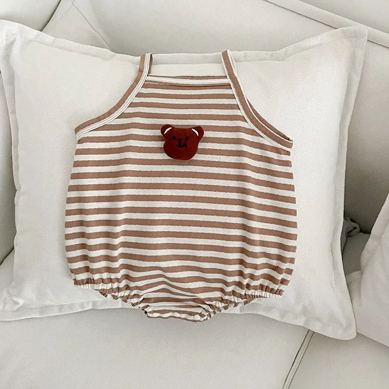 여아용 귀여운 곰 스트라이프 점프수트, 유아 슬링 원피스, 0-2T 얇은 스타일 바디 수트, 2024 여름 신상