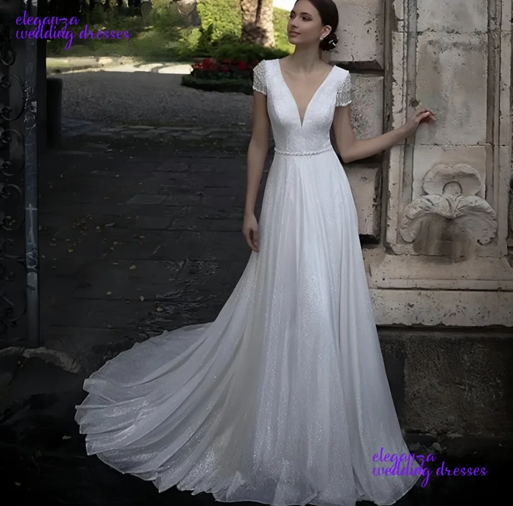 Customized Sparkle Wedding Dress V-Neck Boho Tassel A-Line Bride Gown Tulle Illusion Buttons Vestido De Novia 2025