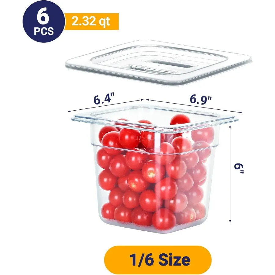 6 Pack NSF Food Pans with Lids, 1/6 Size 6'' Deep Commercial Food Storage Containers, Polycarbonate, Clear