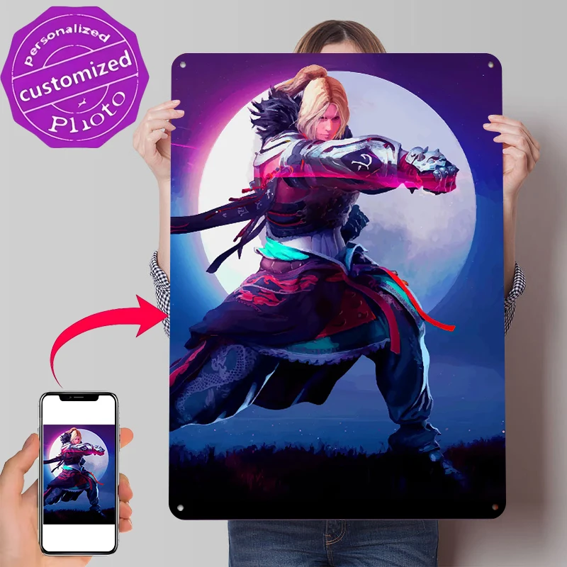 Warrior Striking a Pose Under the Moon Printed Poster Customized Wall Art Retro Vintage Metal Tin Signs for Mancave Decoration