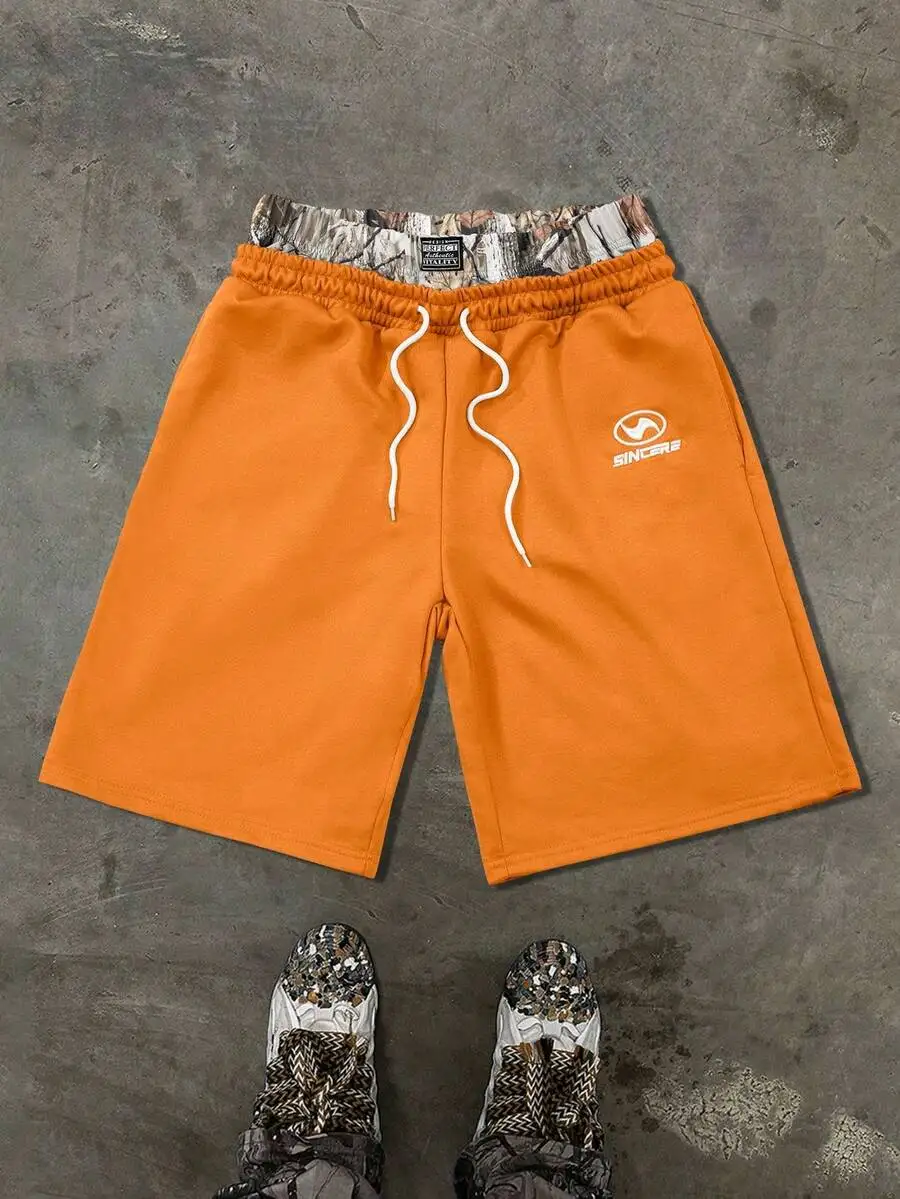 

Mens Orange Casual Drawstring Waist Shorts With Camo Waistband And Embroidery