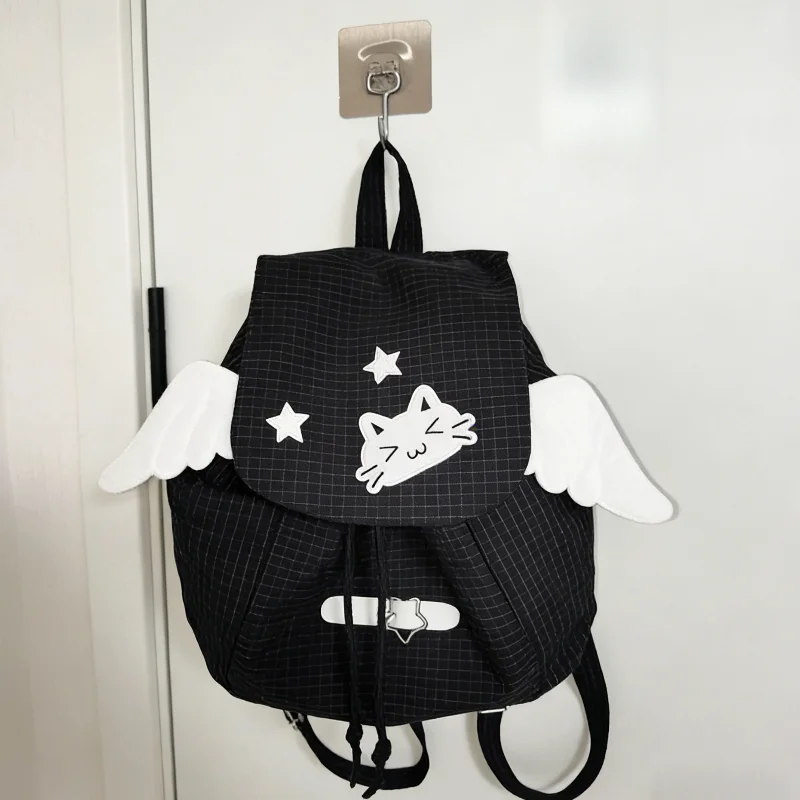 

Рюкзак с милым котом и крыльями ангела, повседневный рюкзак из сетчатой ткани для девочек, сумка на шнурке в стиле Лолиты, студенческая сумка на плечо