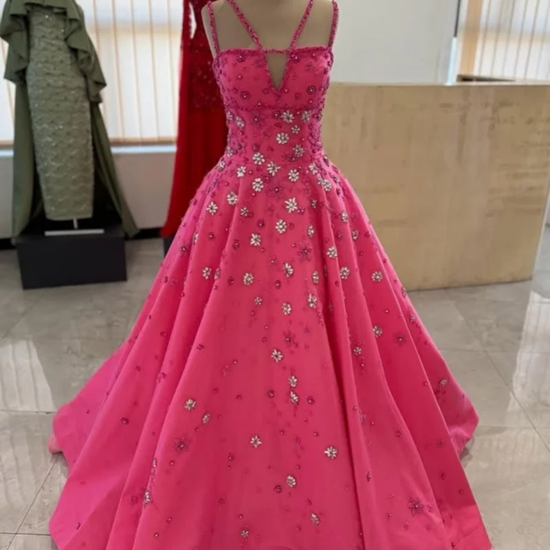 

Customized rose pink Straps Tull Wedding Dresses applique Tull crystal beads Beadwork Gowns Made Dress