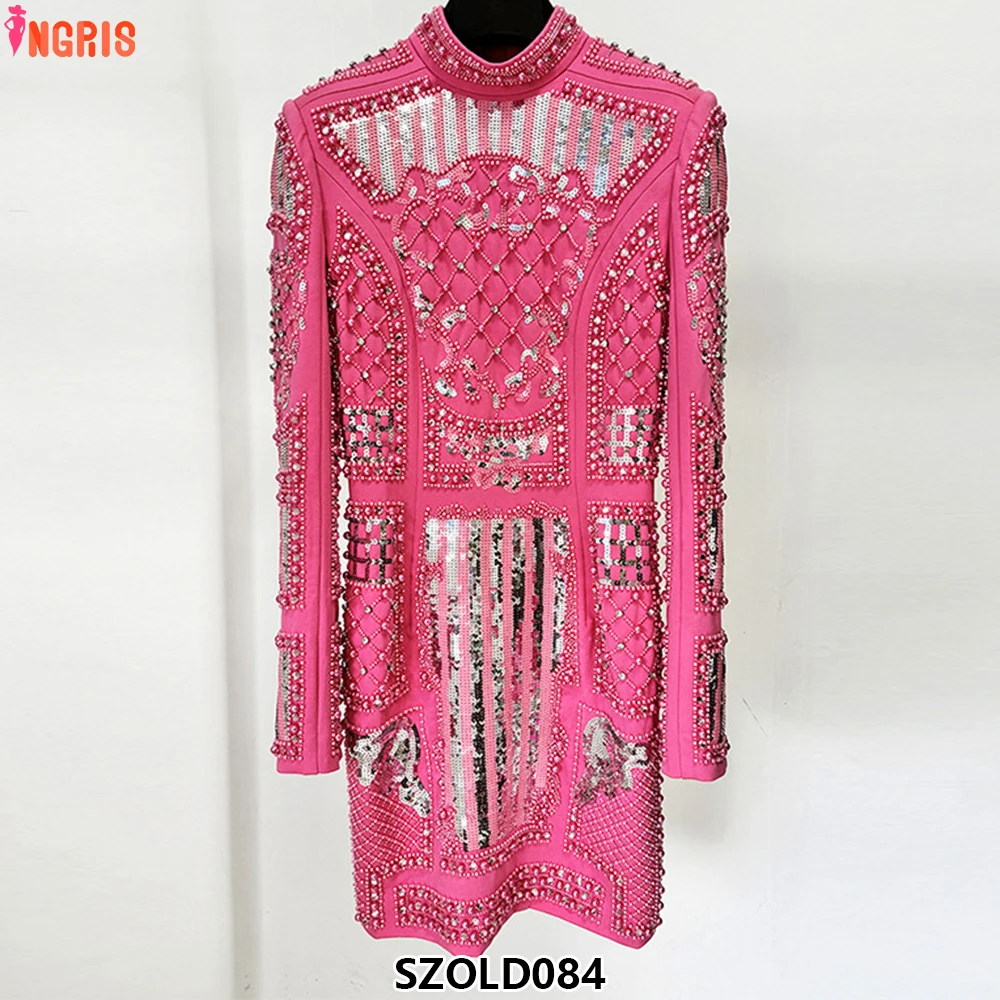 

Fast Shipping Pink Womens Mini Dress Beaded Plus Size Ladies Evening Dress-SZOLD084