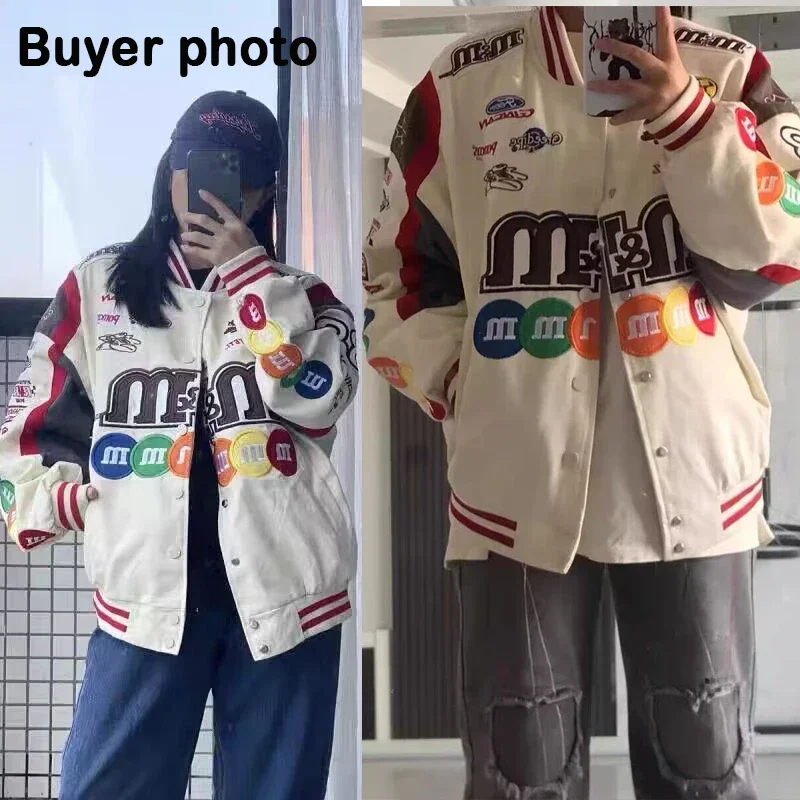 Hip Hop Baseball Jacken Männer Frauen High Street M & M Stickerei Motorrad lose Bomber Mäntel Harajuku Retro Racing Uni Jacke