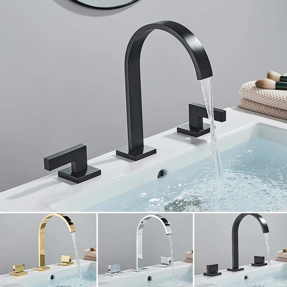 Black Bathroom Basin Faucet Hot and Cold Water Mixer Faucets 3 Holes Dual Handle Mixers Tap Deck Mount Wash Tub Chrome Crane