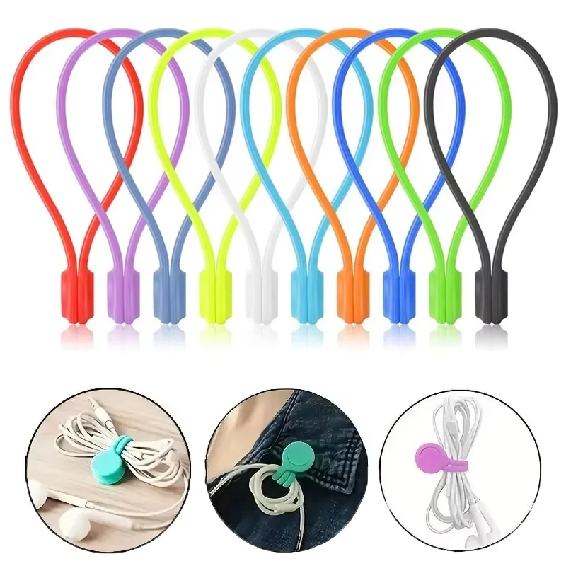3/10Pcs Reusable Magnetic Cable Ties Wire Winding Devices Silicone Magnetic Wire Ties Organizer For Tying Items Earphones Line