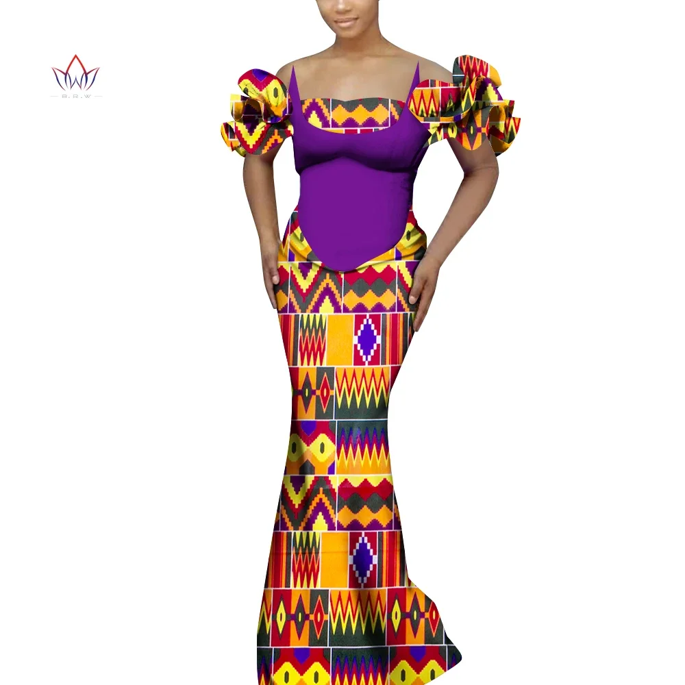 

Bintarealwax African Dresses for Women Off Shoulder Ruffles Bodycon Long Maxi Dress Wedding Party Evening Dresses WY10002