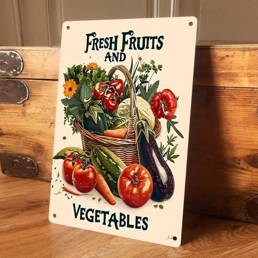 Placa de hierro de frutas y verduras estilo campo retro plano 2D, decoración de pared de salón comedor, colgante, país americano, 1 ud.