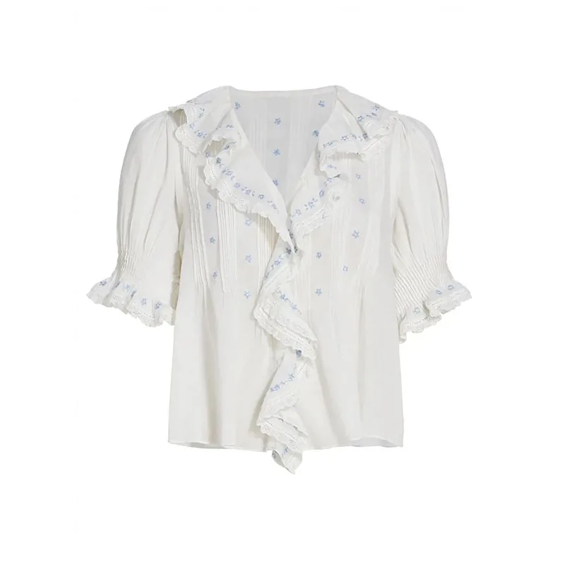 

Fre Floral Embroidery ort Sve irt Susan Cotton V-ne Pure Color Commute Sle Women's Premium Faion Top