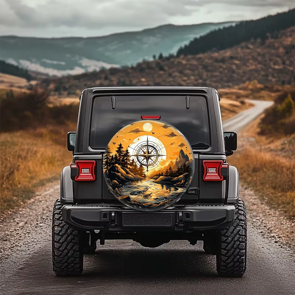 Retro Compass Mountain Scenery Printed Spare Tire Cover Universal Wheel Protection for Road Trips Outdoor Adventures