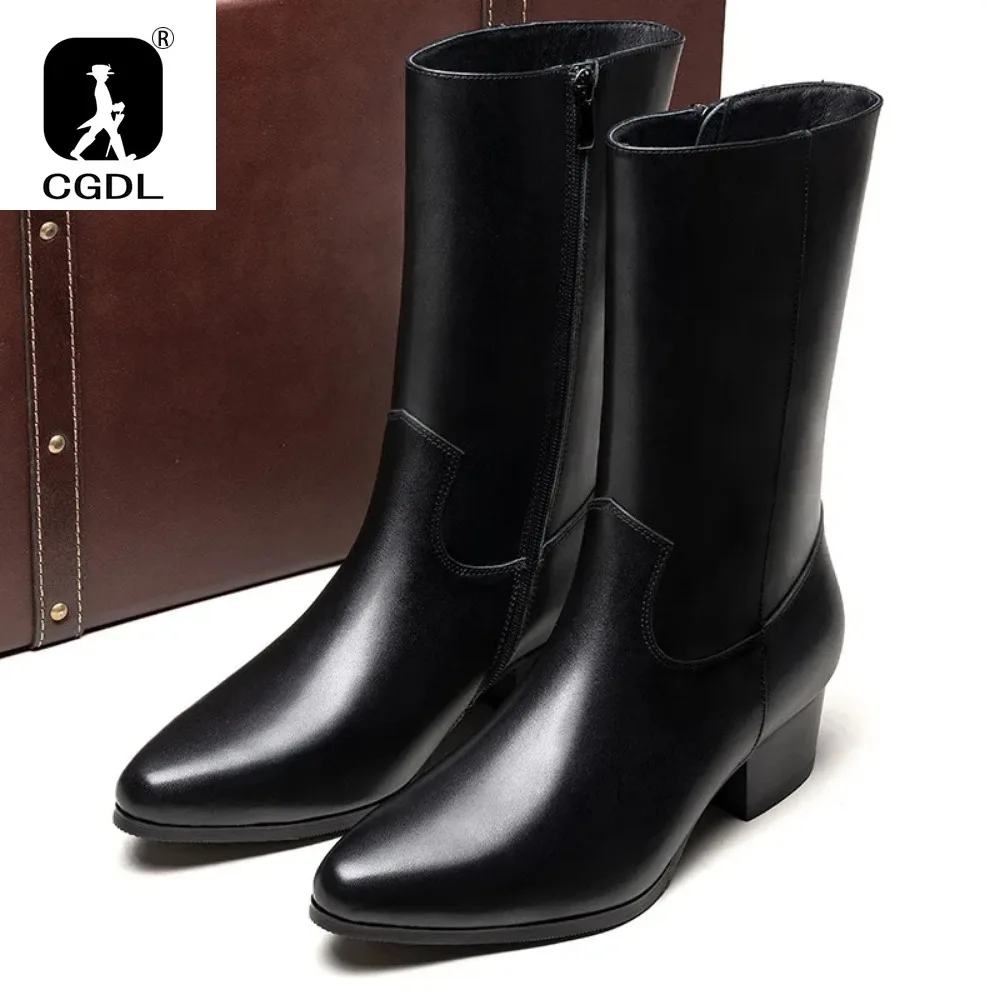 Knee High Warm Mens Boots Luxury Genuine Leather 2024 Spring New Style Black Fur Shoes High Heel with Side Zipper Social Suit