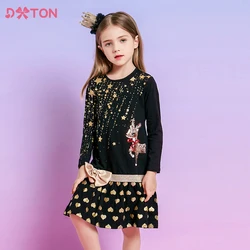 DXTON Kids Christmas New Year Gift Dress Girls Elk Sequined Appliqued Dress with Bow Knot Girls Golden Shiny Xmas Party Dresses