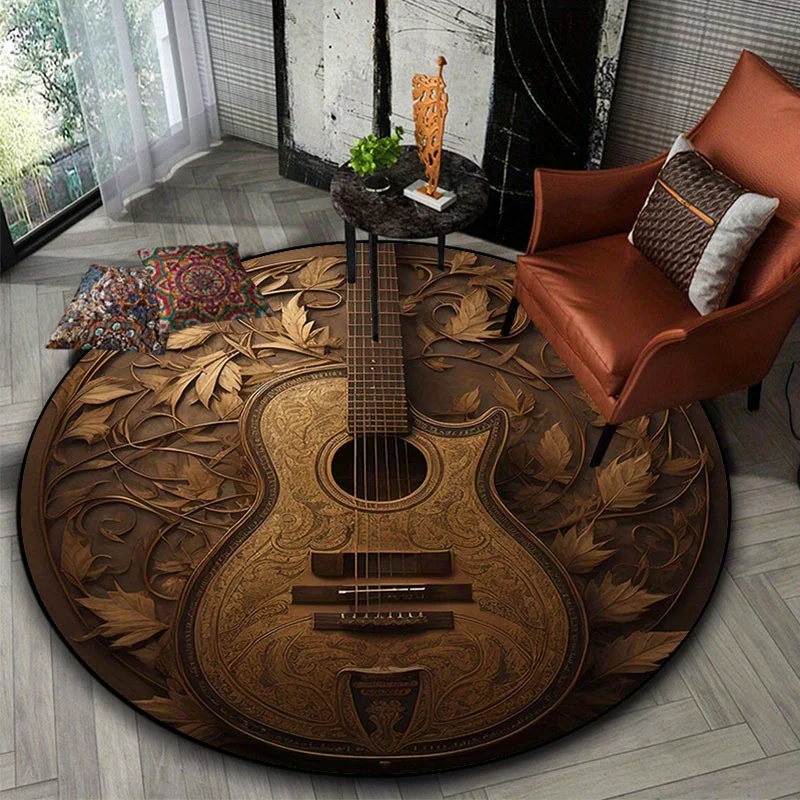

Velvet Guitar & Maple Leaf Round Mat - Hand Wash Only Portable Rug for Living Room, Bedroom, Office & Camping Decor
