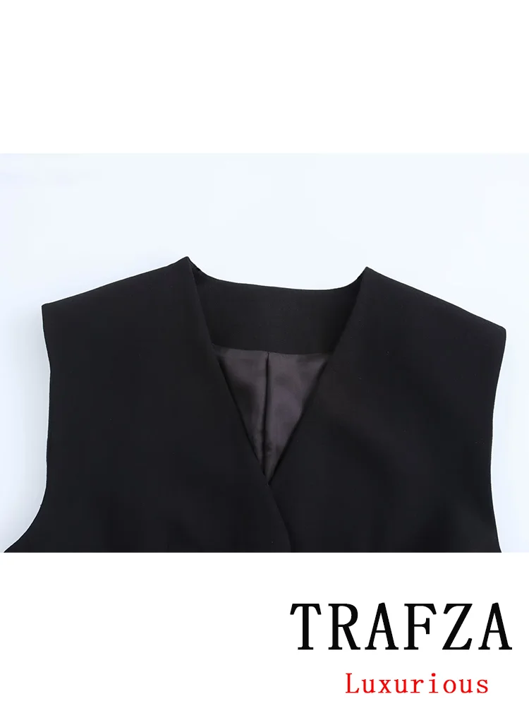 TRAFZA Vintage Casual Chic Solid Women Suit Sashes V-Neck Sleeveless Blazer Loose Flare Pants Fashion 2024 Autumn Female Suits