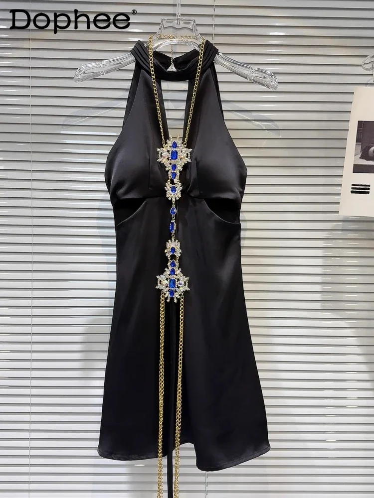 

2025 Spring Summer New Black Dress for Women Light Luxury Celebrity Heavy Industry Gem Pendant Design Backless Neck Dress