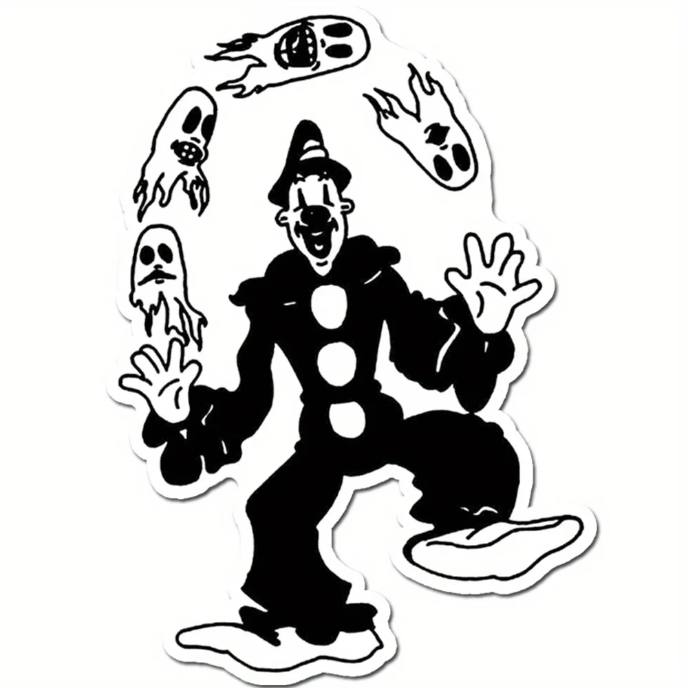 1PC Spooky Clown & Ghosts Decal - Bold Black-White Vinyl Sticker for Laptops Cars, Perfect Halloween Gift for Horror Fans