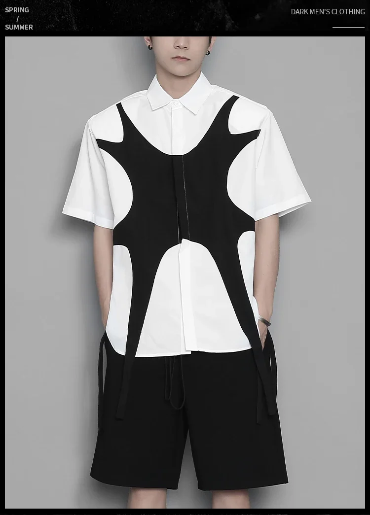 S-6XL 2024 New Men Women Clothing Yamamoto Style Geometric Design Color Contrast Stitching Shirt Lovers Plus Size Costumes