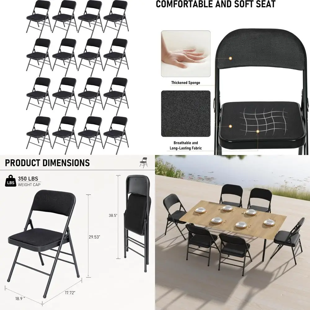 Portable Stackable Fabric Cushioned Folding Chairs - 16 Pack Outdoor Indoor Dining Chairs Set with Padded Seats for Comfort