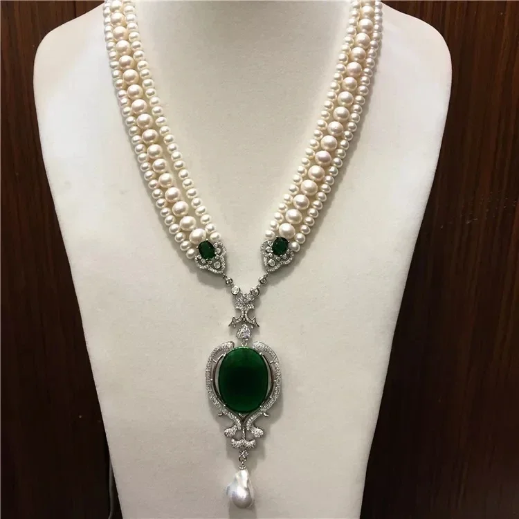 

3rows freshwater pearl white near round necklace +green pendant 19inch wholesale beads